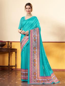 Garden VARELI - Women's Blue Art Silk Printed Saree with Unstitched Blouse with Unstitched