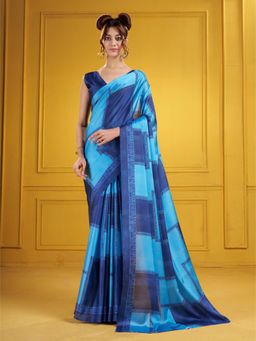 Garden VARELI - Women's Blue Linen Blend Colorblock Saree with Unstitched Blouse with Unstitched