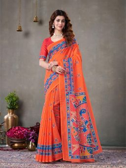 Garden VARELI - Women's Orange Linen Blend Floral Print Saree with Unstitched Blouse with Unstitched