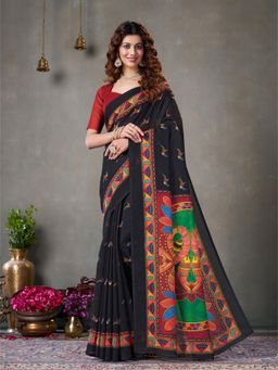 Garden VARELI - Women's Black Linen Blend Printed Saree with Unstitched Blouse with Unstitched
