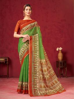 Garden VARELI - Women's Green Art Silk Floral Print Saree with Unstitched Blouse with Unstitched