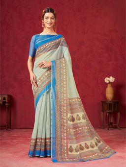 Garden VARELI - Women's Green Art Silk Floral Print Saree with Unstitched Blouse with Unstitched