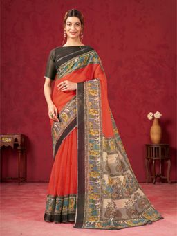 Garden VARELI - Women's Orange Art Silk Printed Saree with Unstitched Blouse with Unstitched