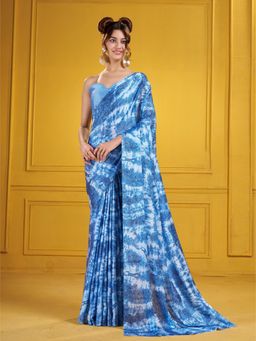 Garden VARELI - Women's Blue Linen Blend Tie & Dye Print Saree with Unstitched Blouse with Unstitched