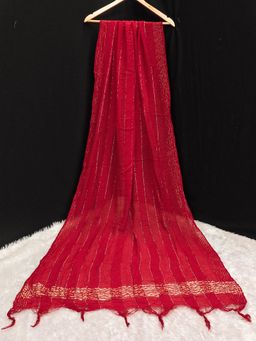 Trendmalls - Women's Red Chinon Silk Golden Zari Weaving Stripes Design Dupatta