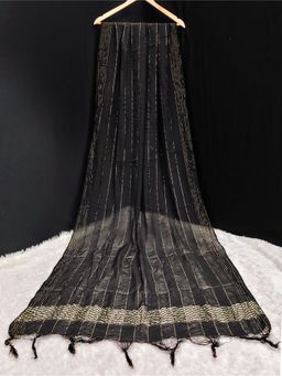 Trendmalls - Women's Black Chinon Silk Golden Zari Weaving Stripes Design Dupatta