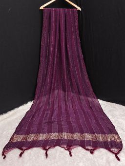 Trendmalls - Women's Purple Chinon Silk Golden Zari Weaving Stripes Design Dupatta