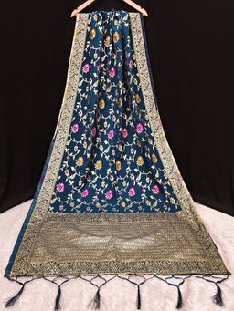 Trendmalls - Women's Blue Jacquard Silk Ethnic Floral Design Dupatta