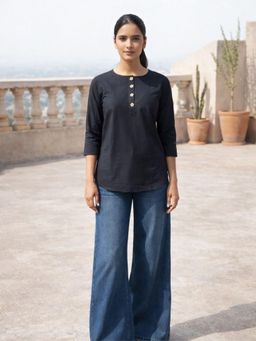 MYSHKA - Women Black Linen Front Opening Three-Fourth Sleeve Longline Top