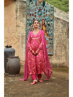 Karaj Jaipur - Pink A-Line Kurta with Pant and Dupatta (Set of 3)