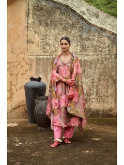 Karaj Jaipur - Multi-Color V-Neck Kurta with Pant and Dupatta (Set of 3)