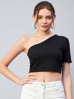 RARE - Women Casual Black Colour One Shoulder Solid Fitted Top