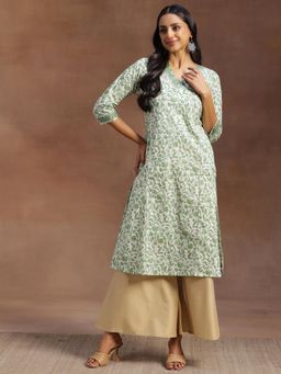 Libas - Green White Floral Printed Straight Cotton Kurta