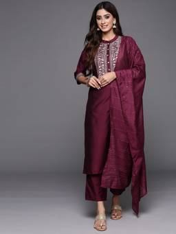 Libas - Gerua Wine Yoke Design Silk Blend Straight Suit With Dupatta