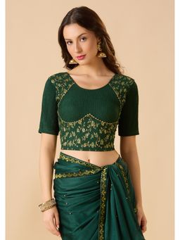 SALWAR STUDIO - Green Lycra Readymade Printed Stitched Blouse