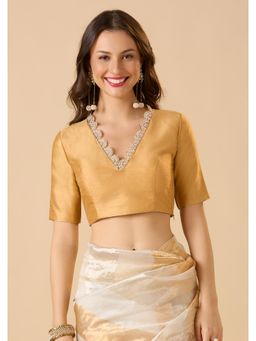 SALWAR STUDIO - Gold Raw Silk Readymade Solid/Plain Stitched Blouse