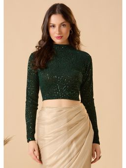 SALWAR STUDIO - Green Lycra Readymade Embellished Stitched Blouse