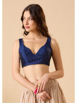 SALWAR STUDIO - Navy Blue Taffeta Readymade Woven Stitched Blouse