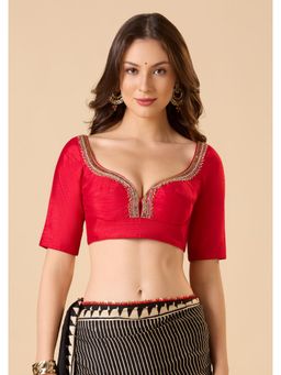 SALWAR STUDIO - Red Raw Silk Readymade Solid/Plain Stitched Blouse