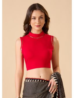 SALWAR STUDIO - Red Cotton Lycra Readymade Solid/Plain Stitched Blouse
