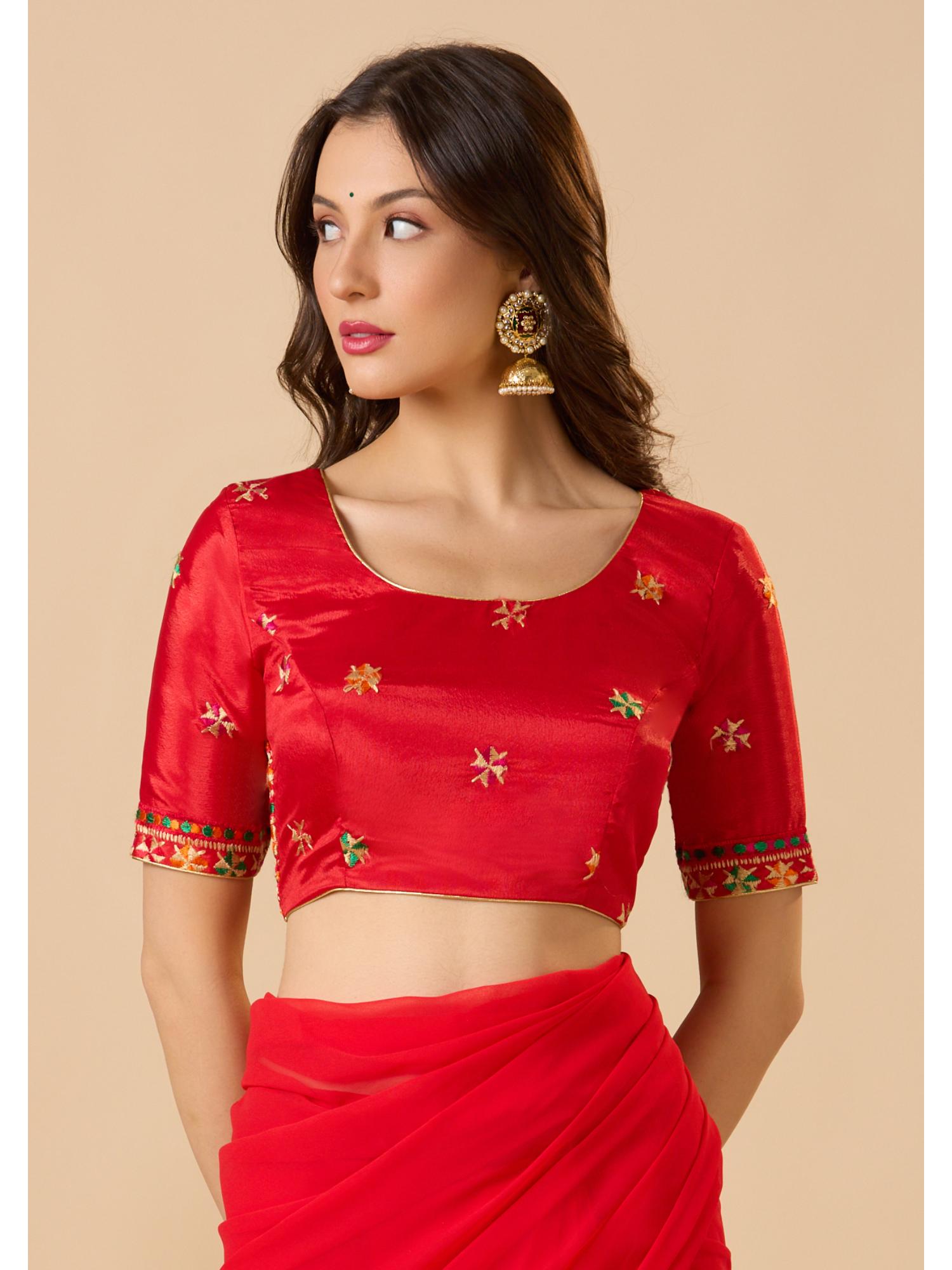 salwar studio Red Chinon Readymade Embroidered Stitched Blouse-picture-7