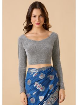 SALWAR STUDIO - Silver Lycra Readymade Embellished Stitched Blouse