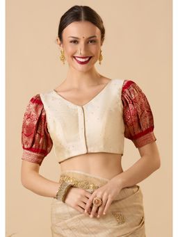 SALWAR STUDIO - Off White Silk Readymade Woven Stitched Blouse