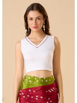 SALWAR STUDIO - White Cotton Lycra Readymade Solid/Plain Stitched Blouse
