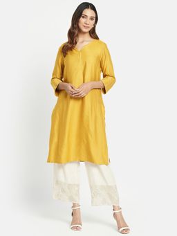 Fabindia - Mustard Viscose Silk Embroidered Knee Length Kurta