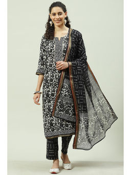 Biba - Black Cotton Unstitched Suit (Set of 3)