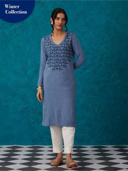 Likha - Blue Woollen Acrylic Jacquard Winter Kurta LIKKUR152