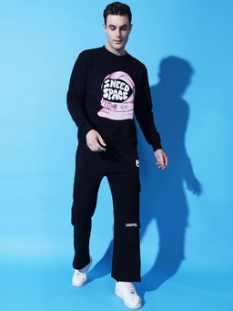Griffel - I Need Space Printed Regular Fit Black Tracksuit (Set of 2)