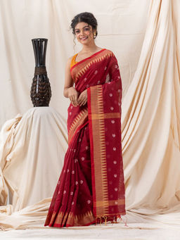 Angoshobha - Traditional Maroon Cotton Blended Handloom Saree with Unstitched Blouse