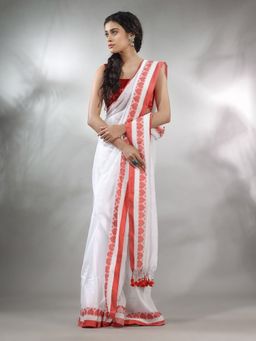 CHARUKRITI - White Cotton Handwoven Saree with Woven Heart Borders & Unstitched Blouse