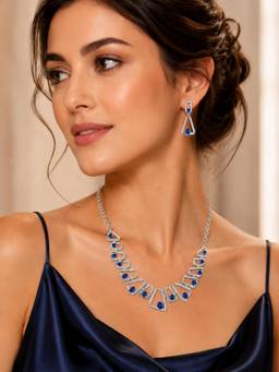 ABHUSHANAM - Geometric Blue Crystal Necklace Set