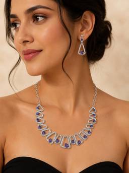 ABHUSHANAM - Geometric Purple Crystal Necklace Set