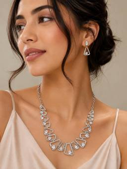 ABHUSHANAM - Geometric White Crystal Necklace Set