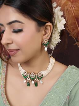 ZEWEL WORKS - Emrald Pearl Kundan Necklace Set