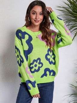 Oh Rare - Women Green Printed Pullover Sweater