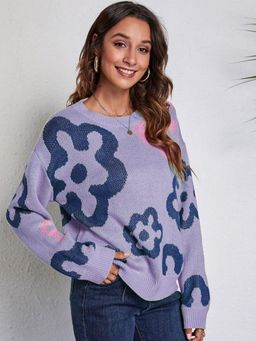 Oh Rare - Women Purple Printed Pullover Sweater