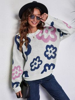 Oh Rare - Women White Printed Pullover Sweater