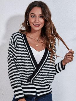 Oh Rare - Women Black Striped V-Neck Cardigan
