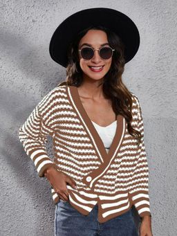Oh Rare - Women Brown Striped V-Neck Cardigan