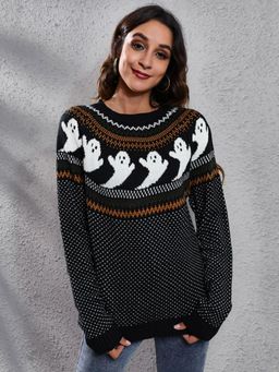 Oh Rare - Women Black Round Neck Pullover Sweater