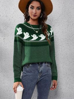 Oh Rare - Women Green Round Neck Pullover Sweater