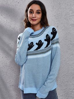 Oh Rare - Women Blue Round Neck Pullover Sweater