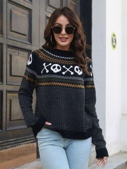 Oh Rare - Women Black Round Neck Pullover Sweater