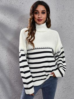 Oh Rare - Women Black Striped High Neck Pullover Sweater