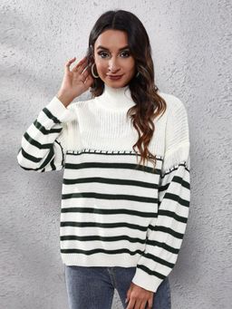Oh Rare - Women Green Striped High Neck Pullover Sweater