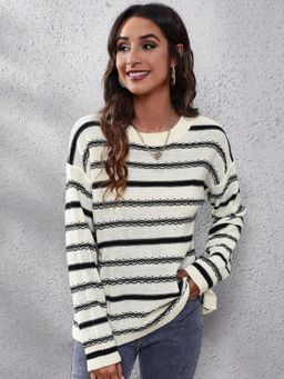 Oh Rare - Women White Striped Pullover Sweater